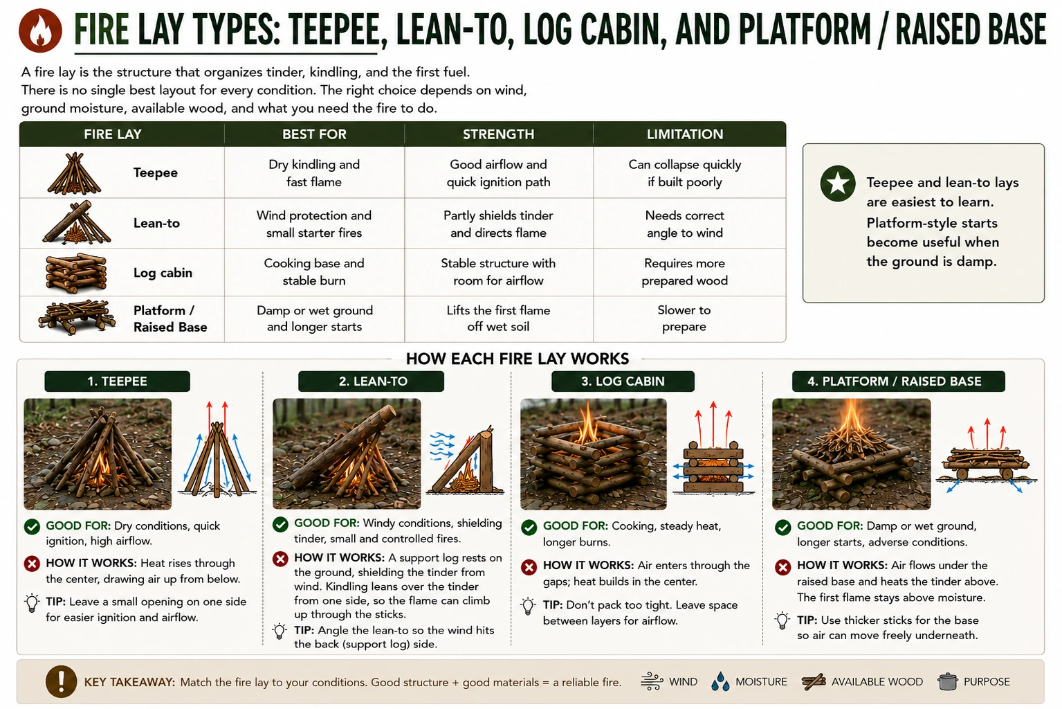 Diagram comparing teepee, lean-to, log cabin, and platform fire lay types for bushcraft fire starting.