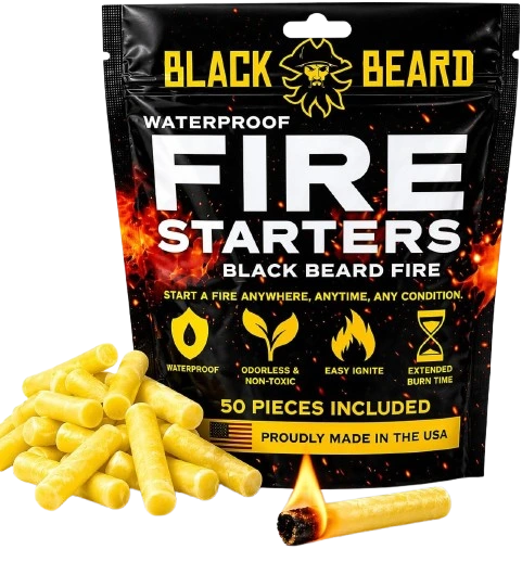 Black Beard Fire Plugs prepared tinder for wet-weather fire starting.