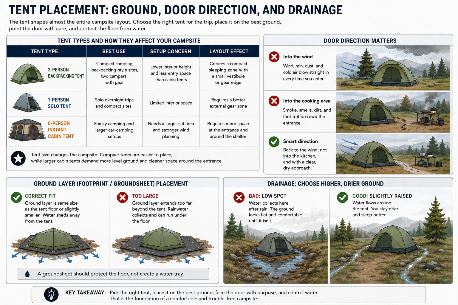 Comparison of a tent placed in a low drainage spot and a tent placed on slightly raised ground.