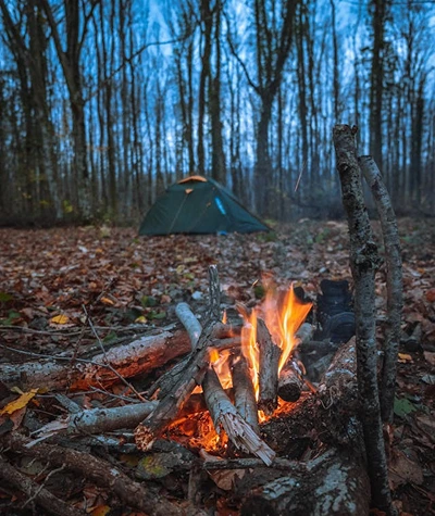 Organized campsite layout with a tent, tarp, cooking area, water station, gear zone, and clear walking paths