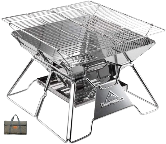 CAMPINGMOON Stainless Foldable Portable Charcoal Grill for controlled camp grilling.
