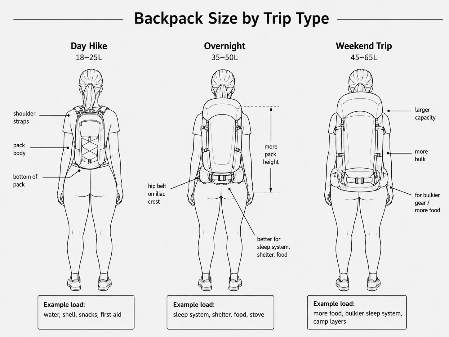 Backpack size comparison diagram for day hikes, overnight camping, and weekend backpacking trips