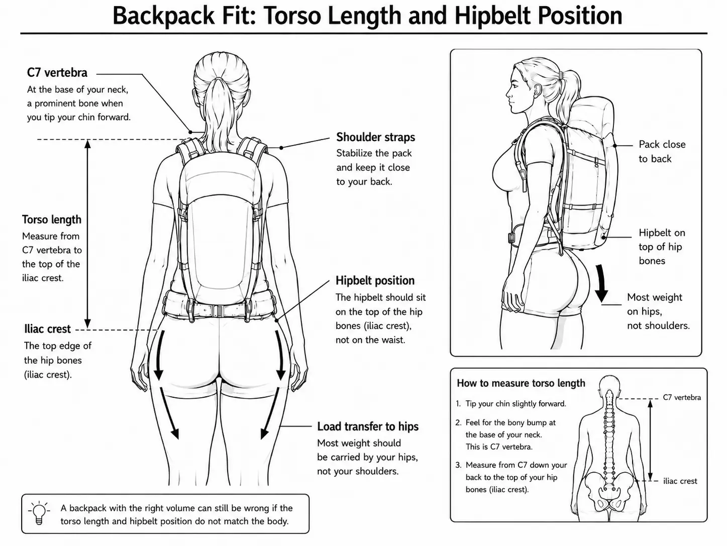 Diagram showing torso length measurement and hipbelt position for fitting a hiking backpack