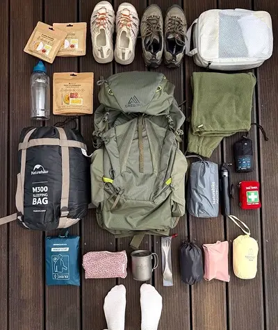 Different hiking backpacks arranged by size with camping gear for day hikes, overnight trips, and weekend backpacking