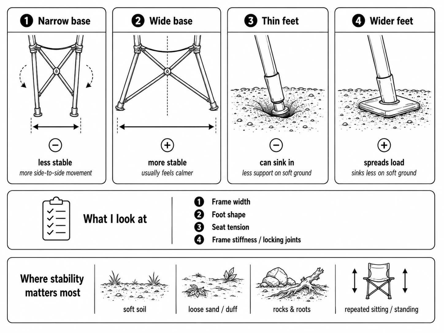 Diagram showing how camp chair frame width and feet affect stability on different ground