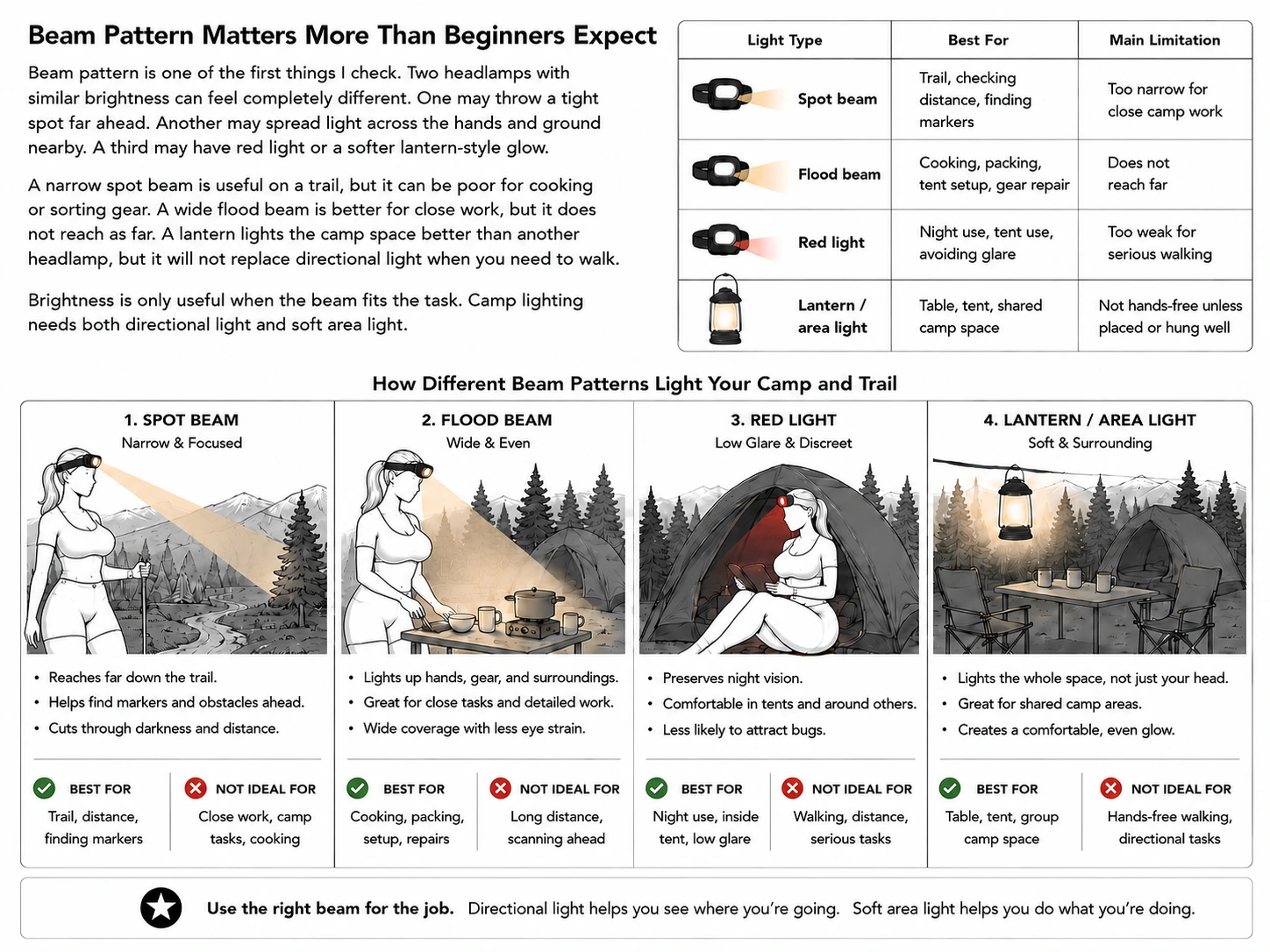 Diagram comparing spot beam, flood beam, red light, and lantern-style camp lighting