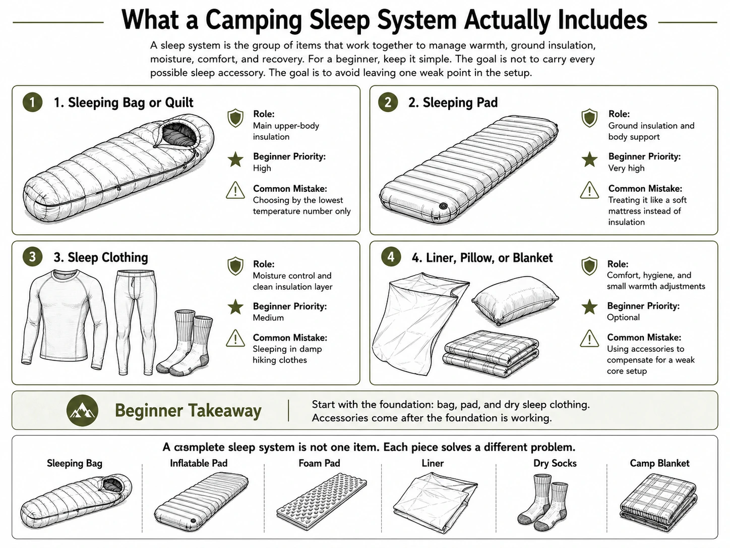 Camping sleep system components including a sleeping bag, insulated sleeping pad, foam pad, liner, dry socks, and camp blanket.